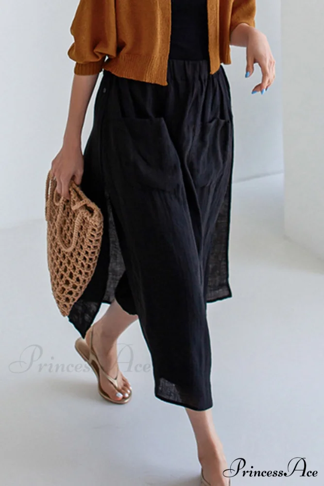 Solid Linen Midi Skirt with Pockets - Image 2