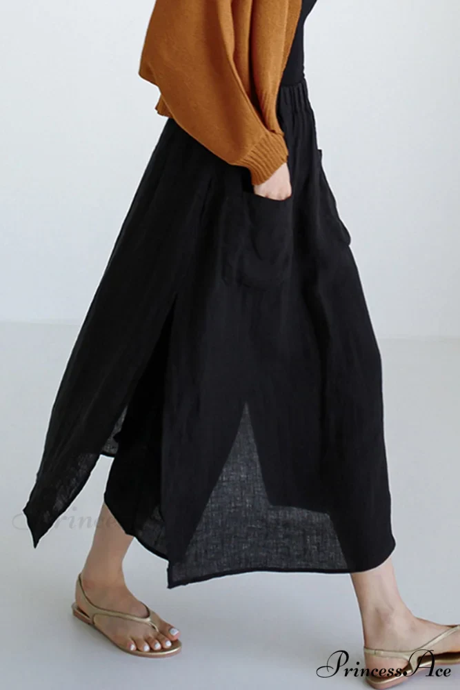 Solid Linen Midi Skirt with Pockets - Image 3
