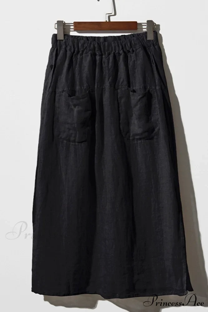 Solid Linen Midi Skirt with Pockets - Image 4