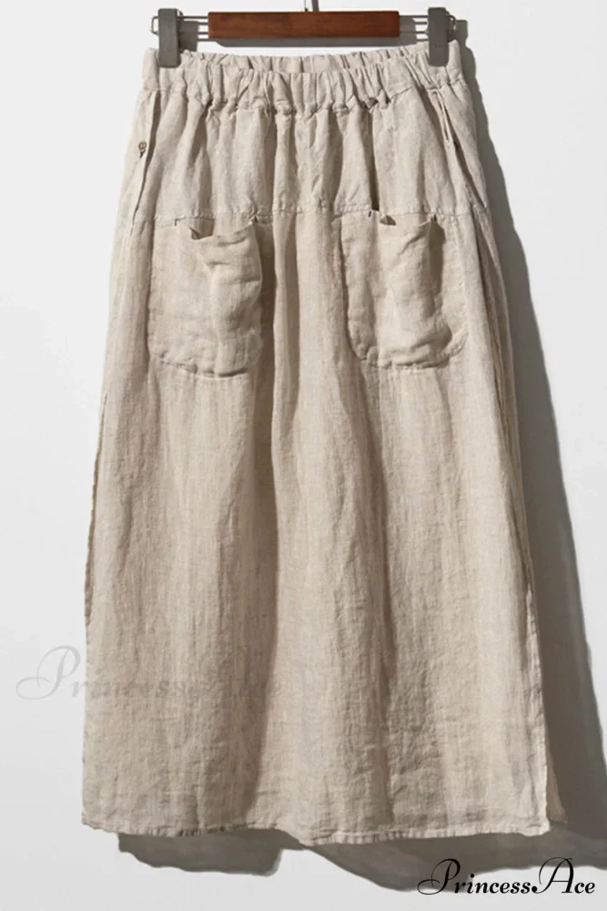 Solid Linen Midi Skirt with Pockets - Image 5