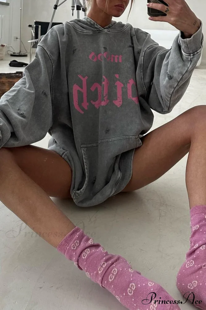 Distressed Hoodie with Letter Print - Image 6