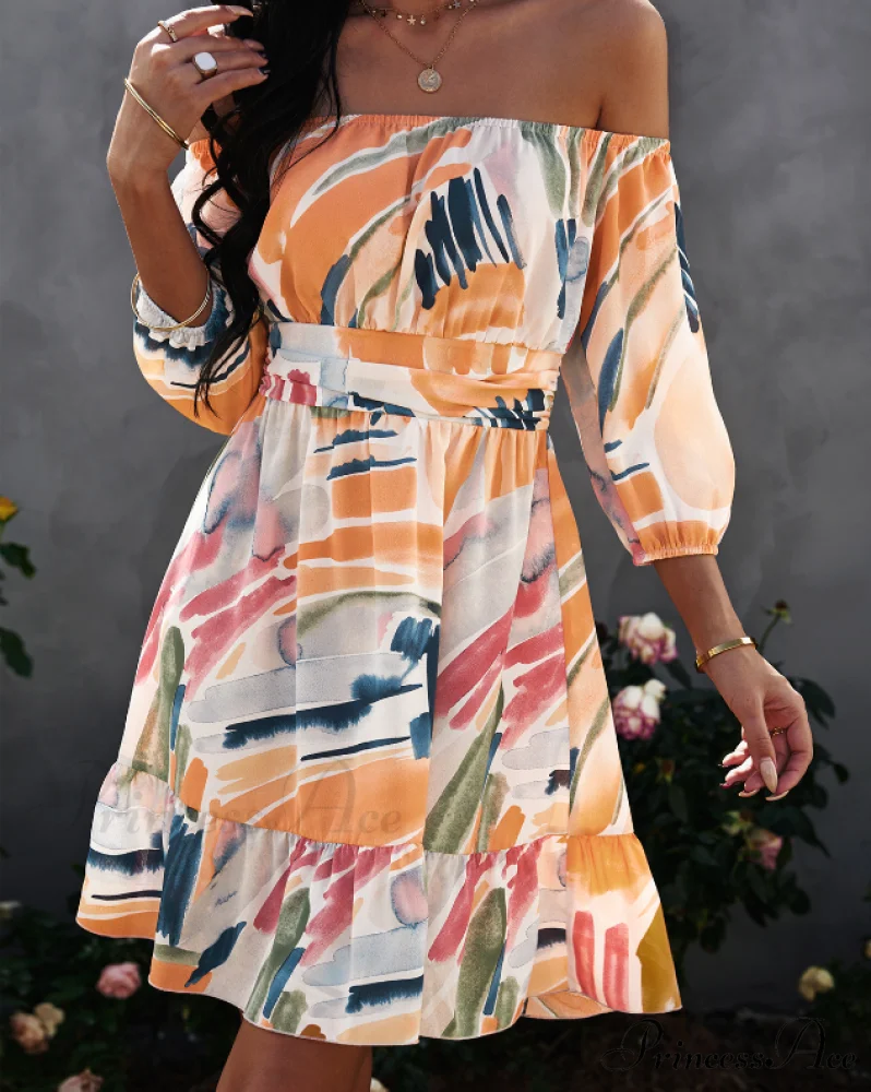 Off Shoulder Print Mini Dress Summer Women Slash Neck A-Line Floral Dress - Image 2