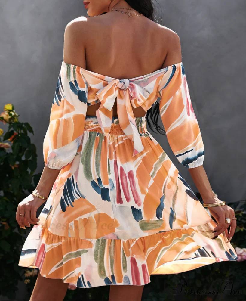 Off Shoulder Print Mini Dress Summer Women Slash Neck A-Line Floral Dress - Image 3