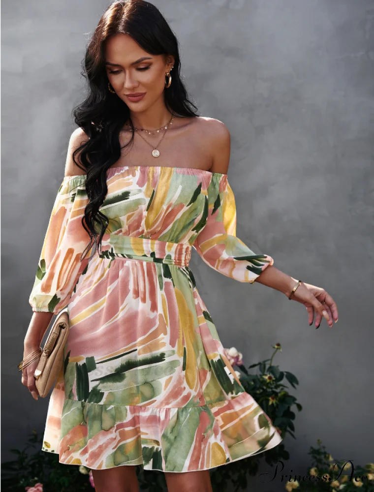 Off Shoulder Print Mini Dress Summer Women Slash Neck A-Line Floral Dress - Image 4