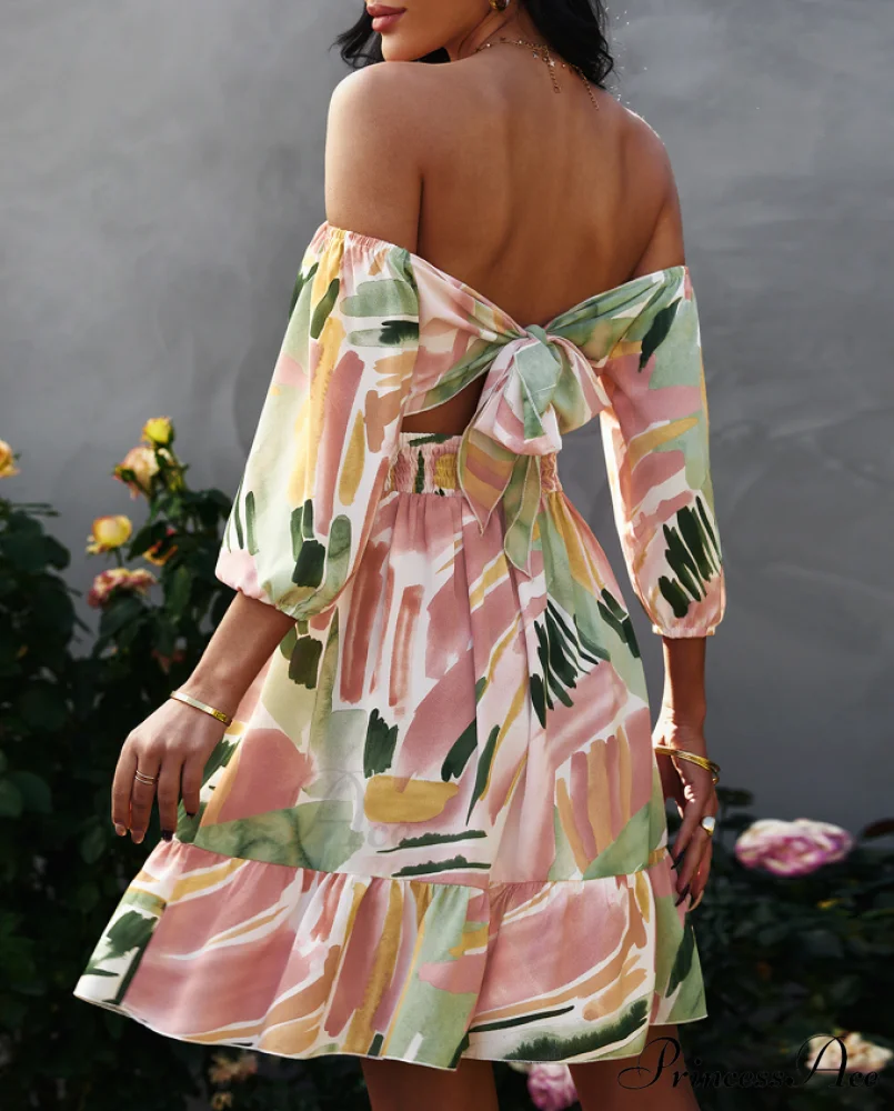 Off Shoulder Print Mini Dress Summer Women Slash Neck A-Line Floral Dress - Image 5