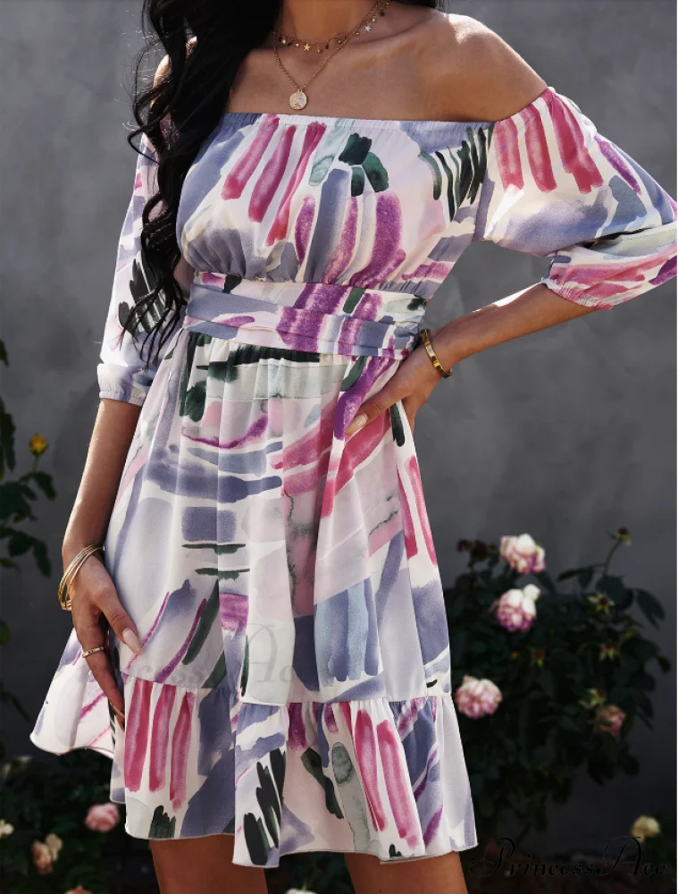 Off Shoulder Print Mini Dress Summer Women Slash Neck A-Line Floral Dress - Image 6