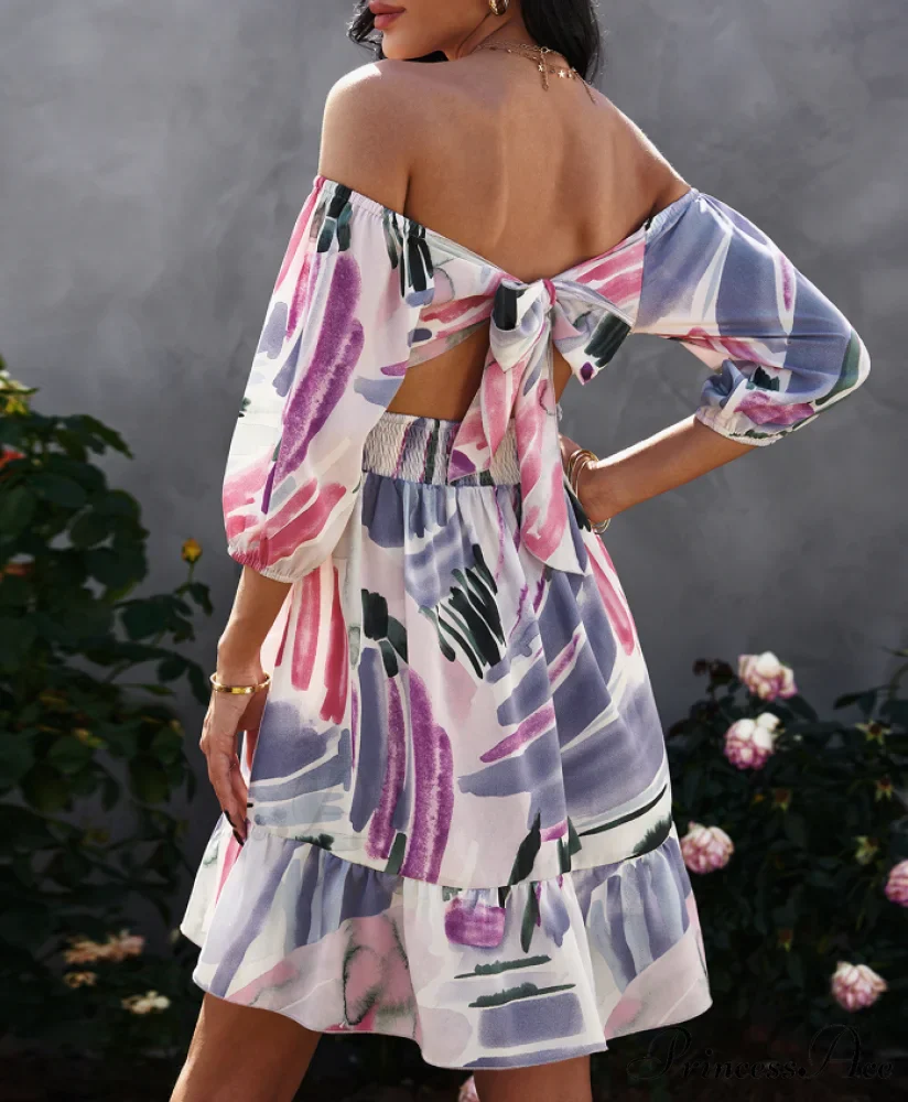 Off Shoulder Print Mini Dress Summer Women Slash Neck A-Line Floral Dress - Image 7