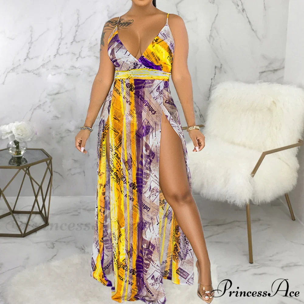 Deep V Neck Spaghetti Strap Printed Maxi Dress with Slit - Image 2
