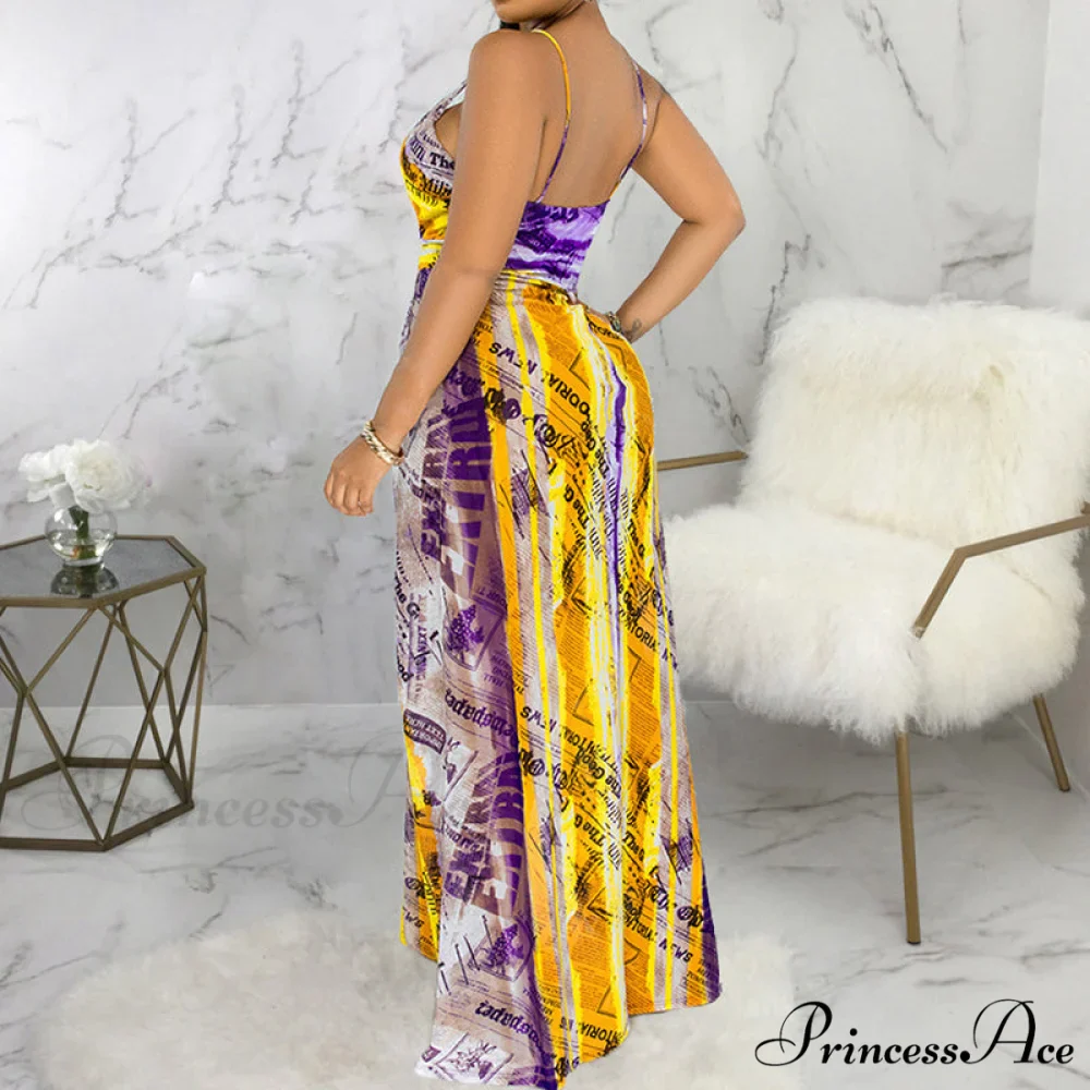 Deep V Neck Spaghetti Strap Printed Maxi Dress with Slit - Image 3