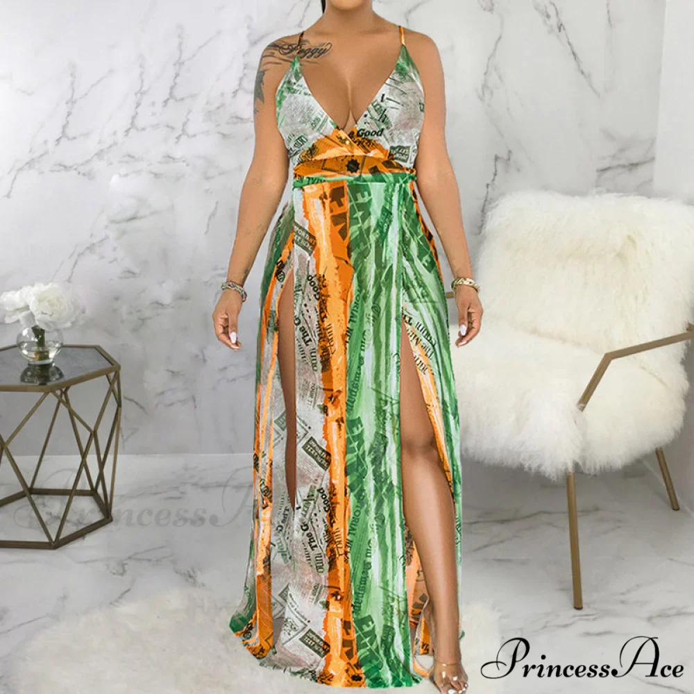 Deep V Neck Spaghetti Strap Printed Maxi Dress with Slit - Image 4