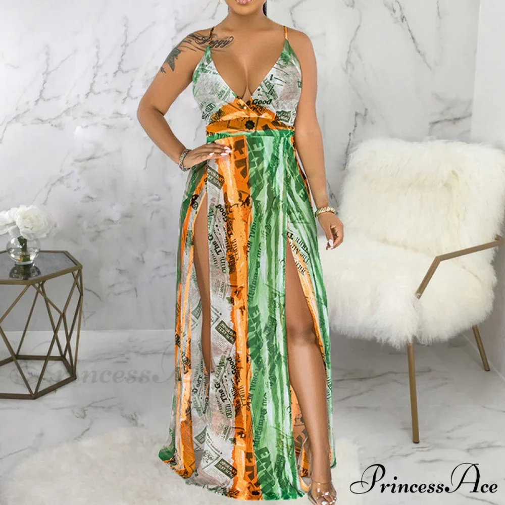 Deep V Neck Spaghetti Strap Printed Maxi Dress with Slit - Image 5