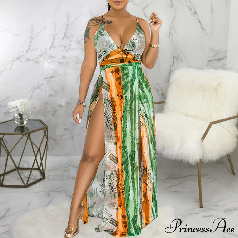 Deep V Neck Spaghetti Strap Printed Maxi Dress with Slit - Image 6