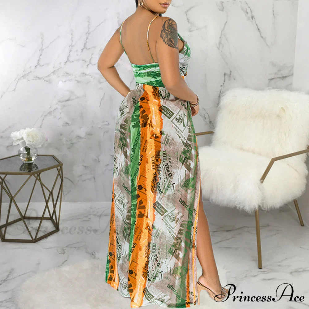Deep V Neck Spaghetti Strap Printed Maxi Dress with Slit - Image 7
