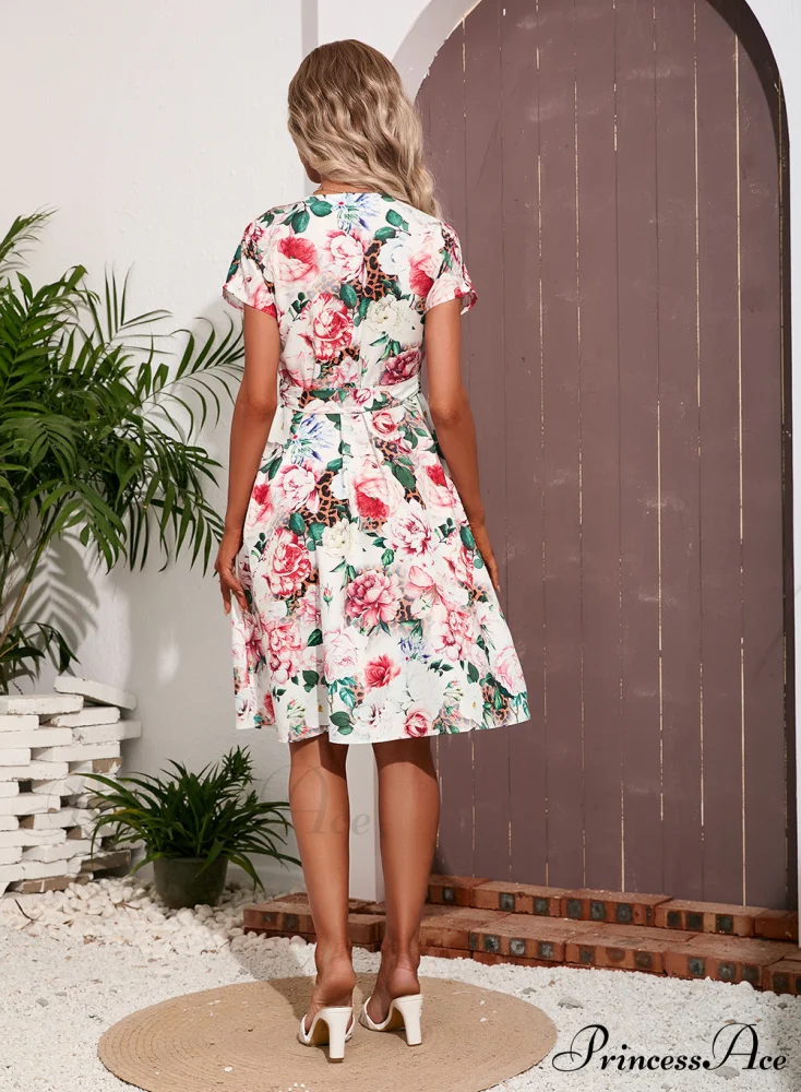 Summer Flowers Print Dress - Women's V Neck Belted Long Dress - Image 5