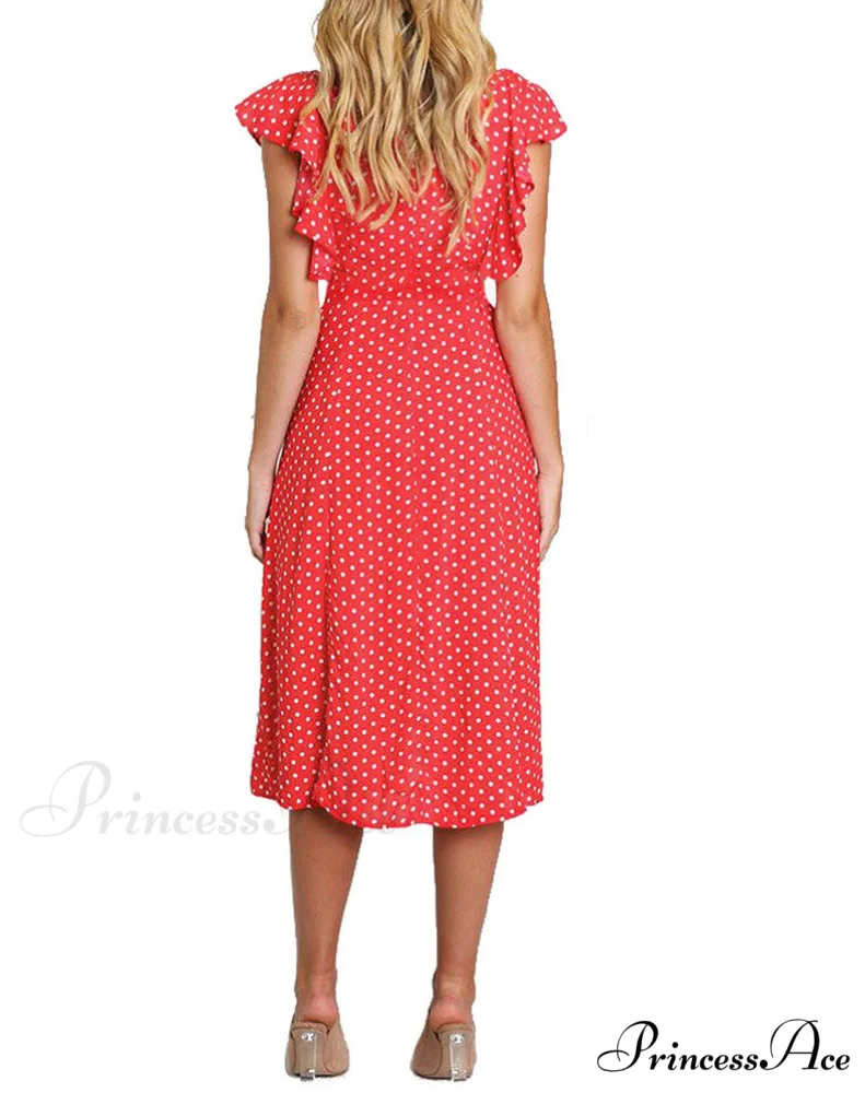 Boho Polka Dot Sleeveless V Neck Swing Midi Dress With Pockets for Summer - Image 2