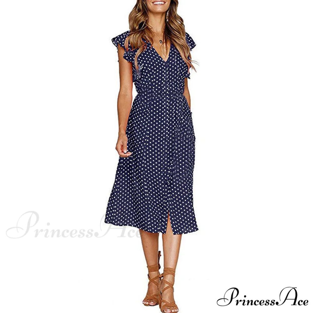 Boho Polka Dot Sleeveless V Neck Swing Midi Dress With Pockets for Summer - Image 3