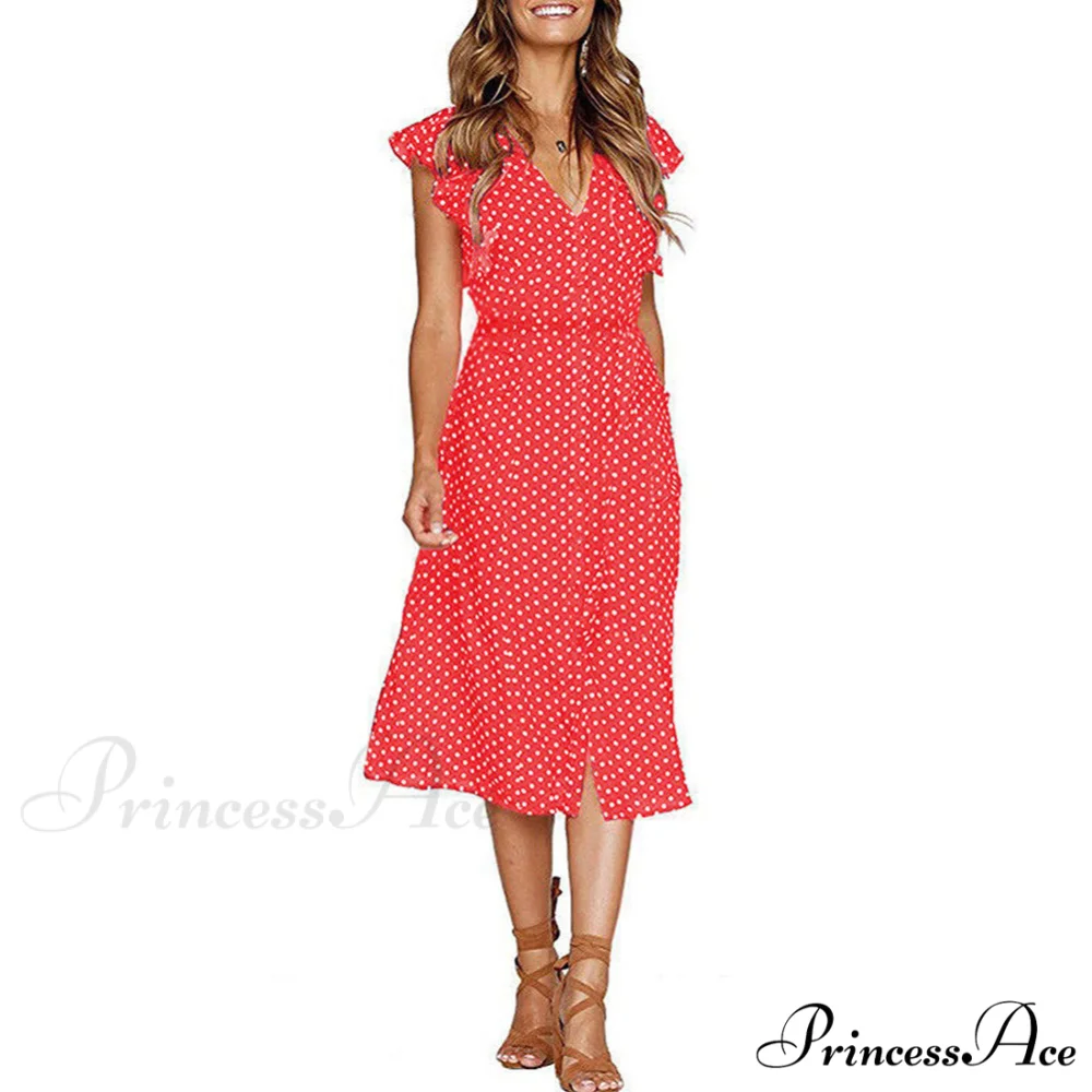 Boho Polka Dot Sleeveless V Neck Swing Midi Dress With Pockets for Summer - Image 4