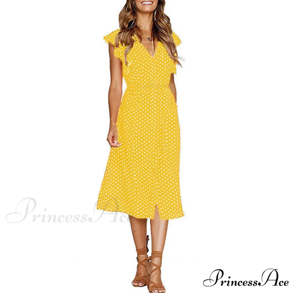 Boho Polka Dot Sleeveless V Neck Swing Midi Dress With Pockets for Summer - Image 5