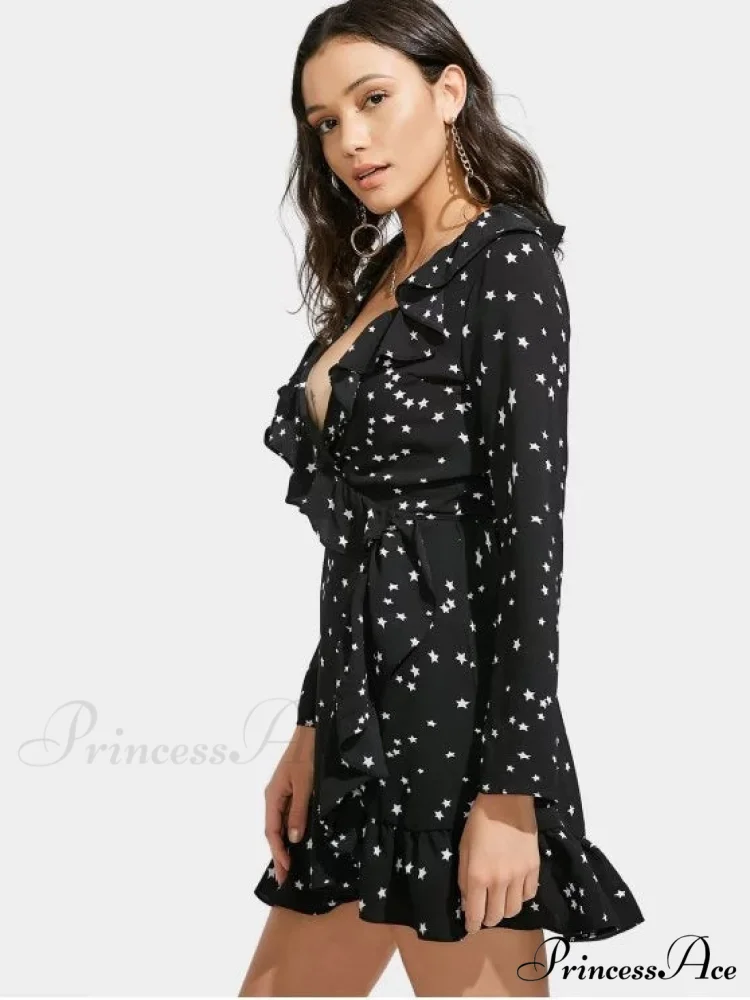 Star Print Ruffle Hem Plunge Wrap Dress - Image 2