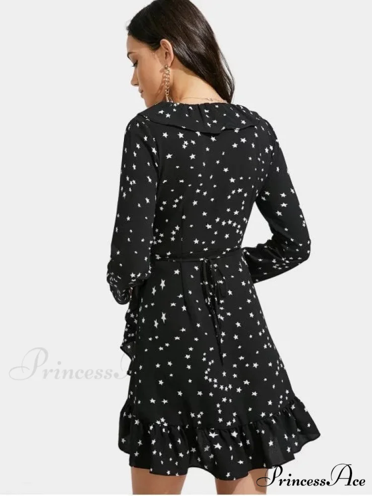 Star Print Ruffle Hem Plunge Wrap Dress - Image 3