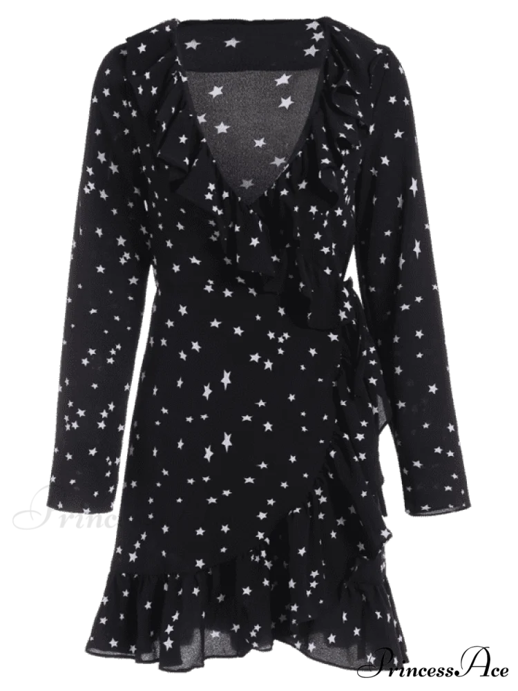 Star Print Ruffle Hem Plunge Wrap Dress - Image 4
