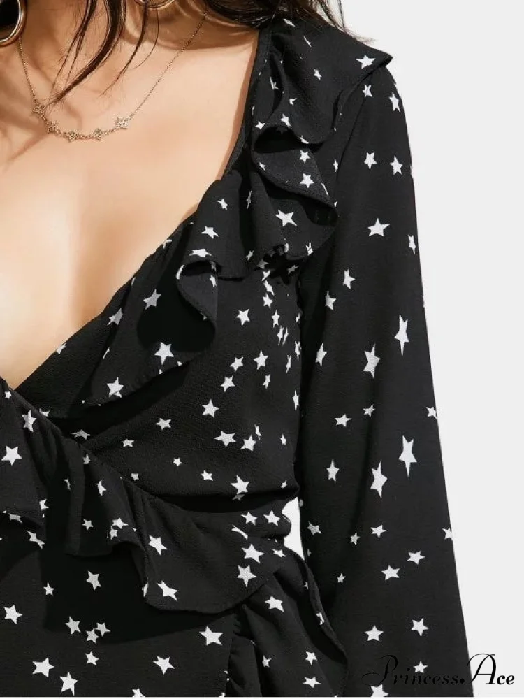 Star Print Ruffle Hem Plunge Wrap Dress - Image 5