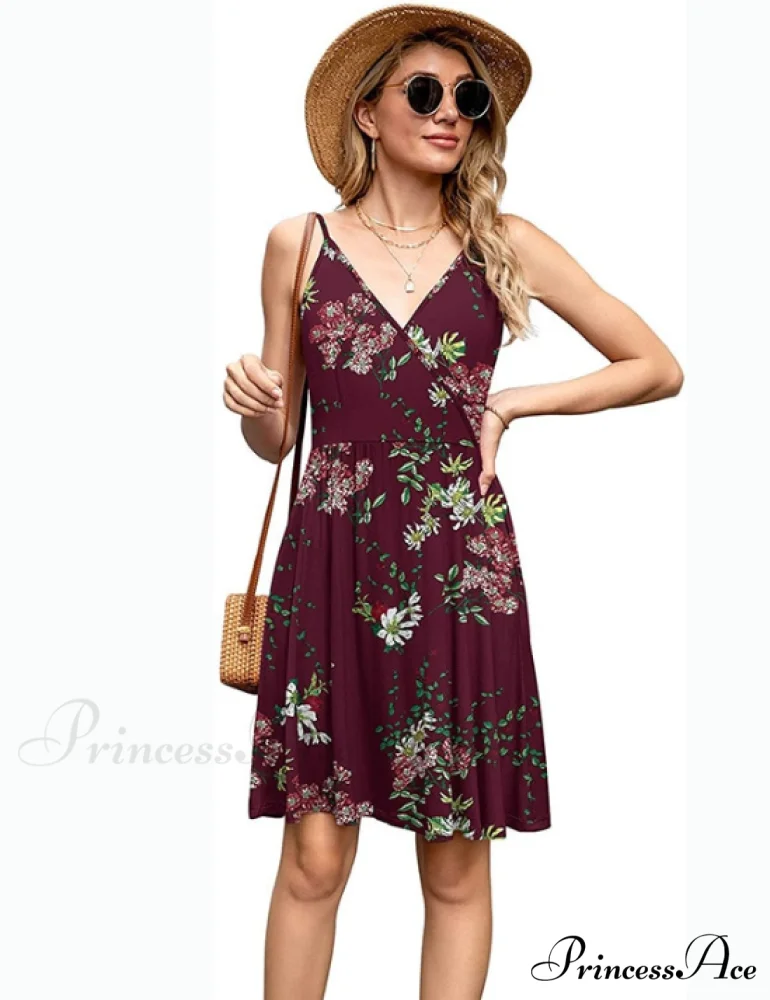 Burgundy Ladies Fashion Print V-Neck Strap Backless Satin Dress - Image 2