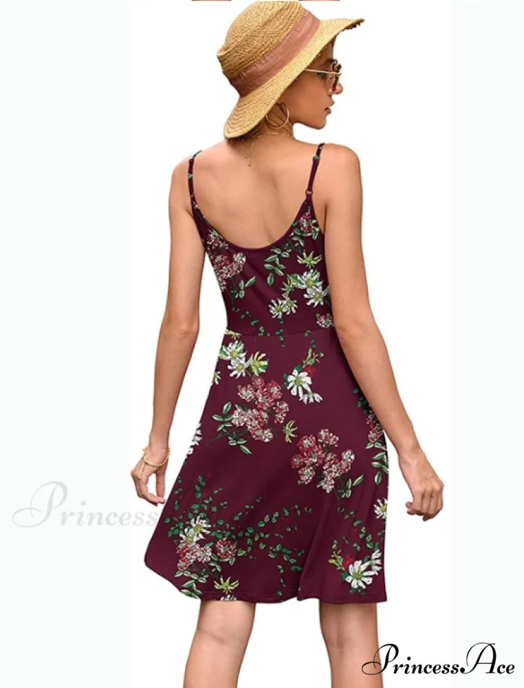 Burgundy Ladies Fashion Print V-Neck Strap Backless Satin Dress - Image 3