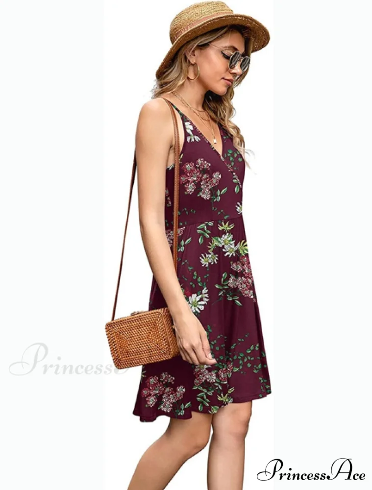 Burgundy Ladies Fashion Print V-Neck Strap Backless Satin Dress - Image 4