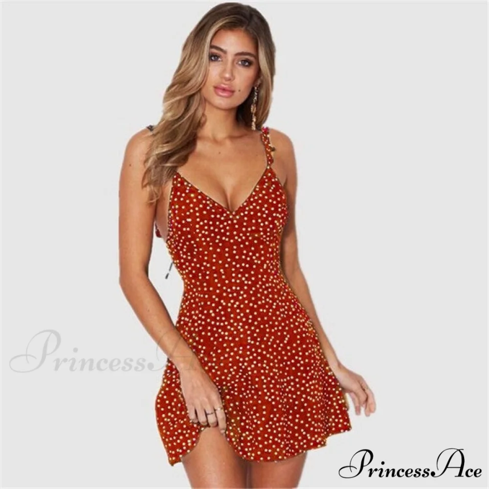 Summer V Neck A Line High Waist Dot Print Back Lace Straps Dress - Image 3