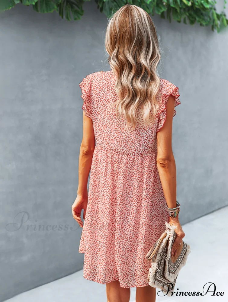 Summer Casual V Neck Floral Print Ruffle Short Sleeve Beach Dress - Image 2
