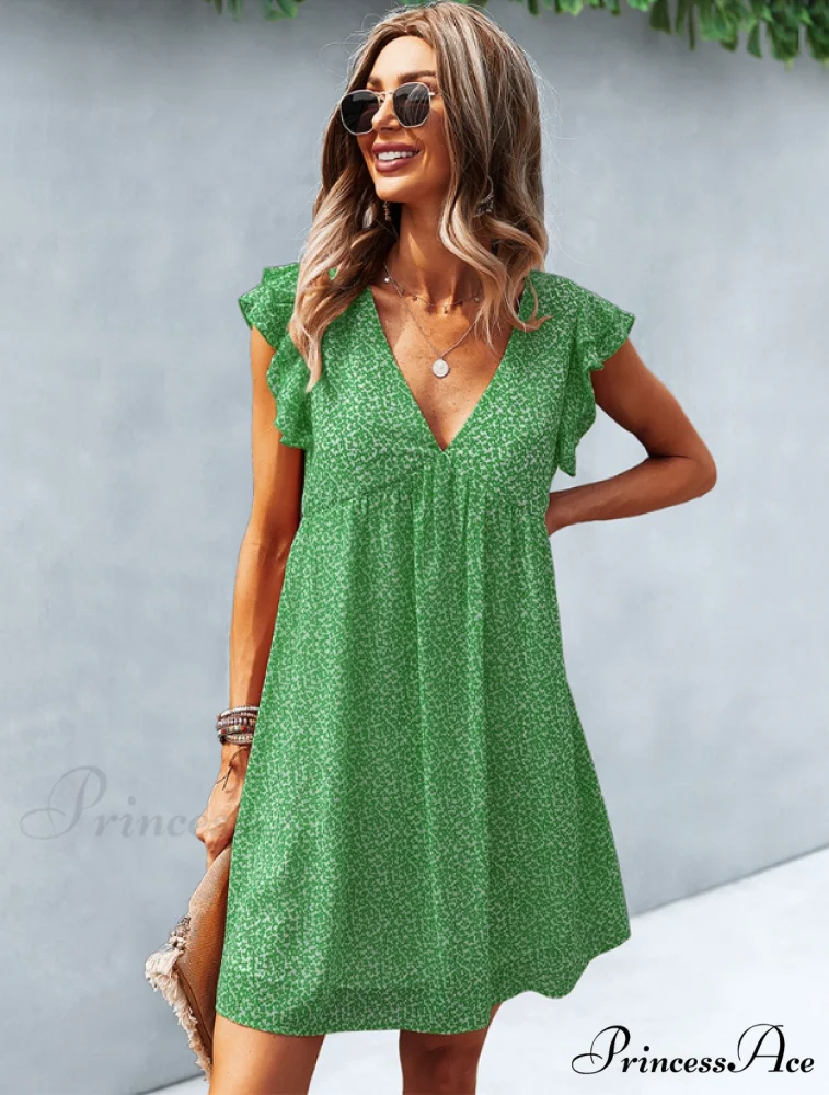 Summer Casual V Neck Floral Print Ruffle Short Sleeve Beach Dress - Image 3
