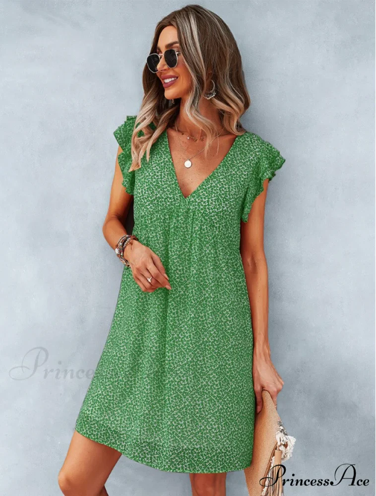 Summer Casual V Neck Floral Print Ruffle Short Sleeve Beach Dress - Image 4