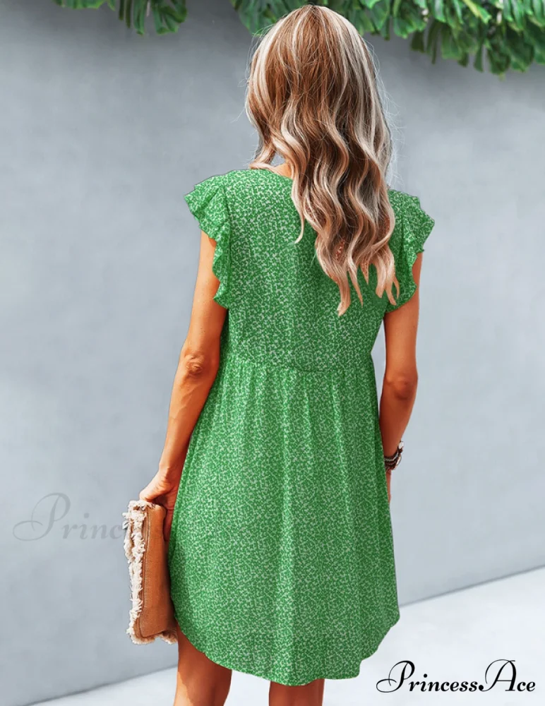Summer Casual V Neck Floral Print Ruffle Short Sleeve Beach Dress - Image 5