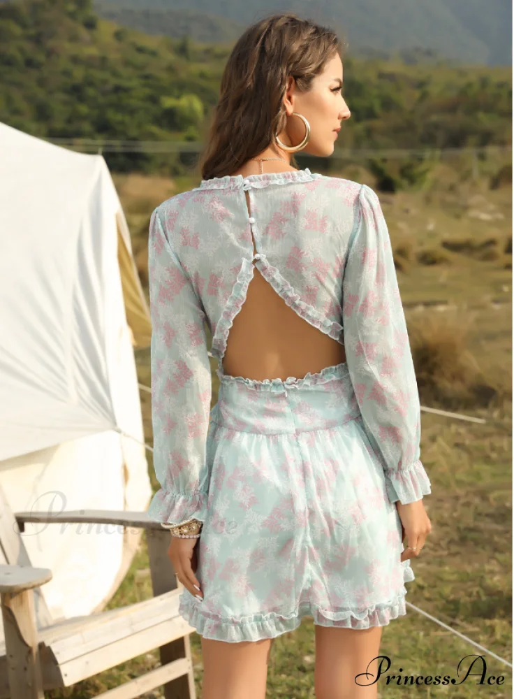Women's Ruffles Chiffon Dress - Boho V-Neck Mini Beach Dress with Long Lantern Sleeves - Image 10