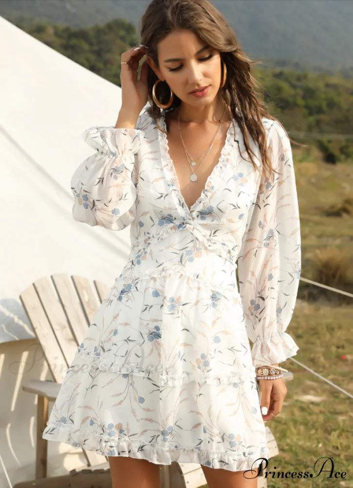 Women's Ruffles Chiffon Dress - Boho V-Neck Mini Beach Dress with Long Lantern Sleeves - Image 2