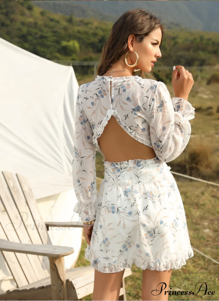 Women's Ruffles Chiffon Dress - Boho V-Neck Mini Beach Dress with Long Lantern Sleeves - Image 4