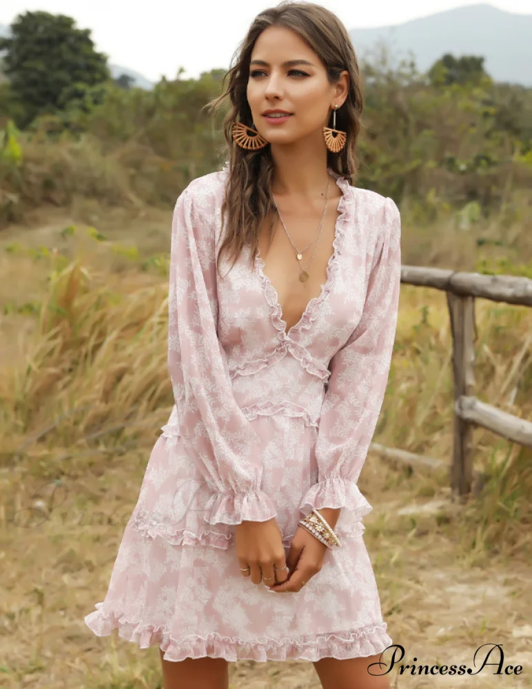 Women's Ruffles Chiffon Dress - Boho V-Neck Mini Beach Dress with Long Lantern Sleeves - Image 6