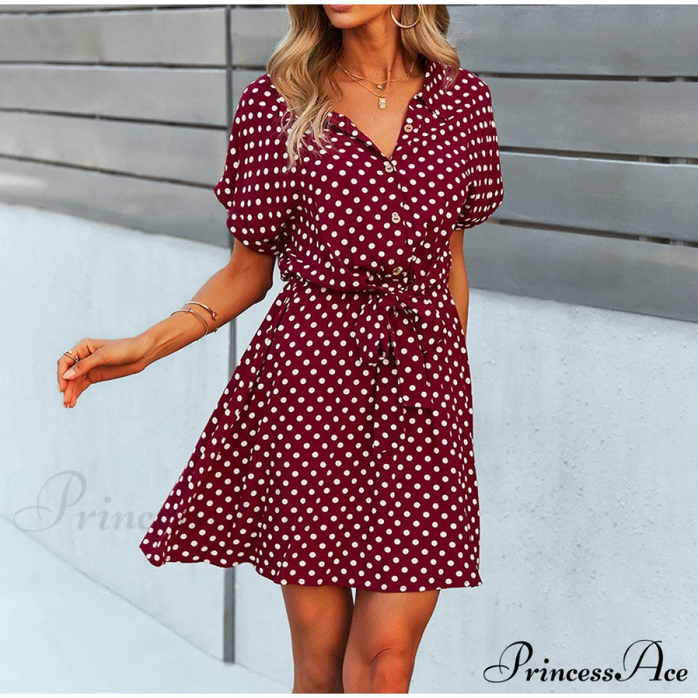 High Waist A-Line Belt Dot Printed Turn Down Collar Mini Dress for Women - Image 3