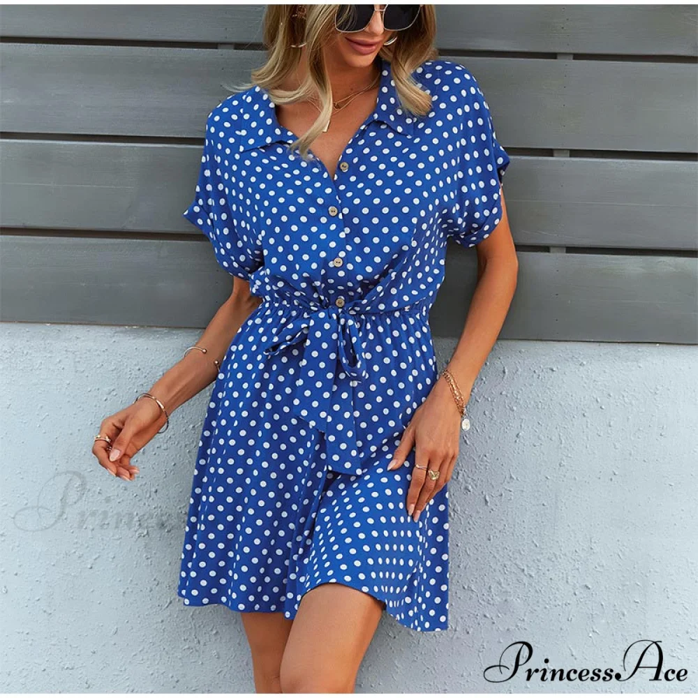 High Waist A-Line Belt Dot Printed Turn Down Collar Mini Dress for Women - Image 4