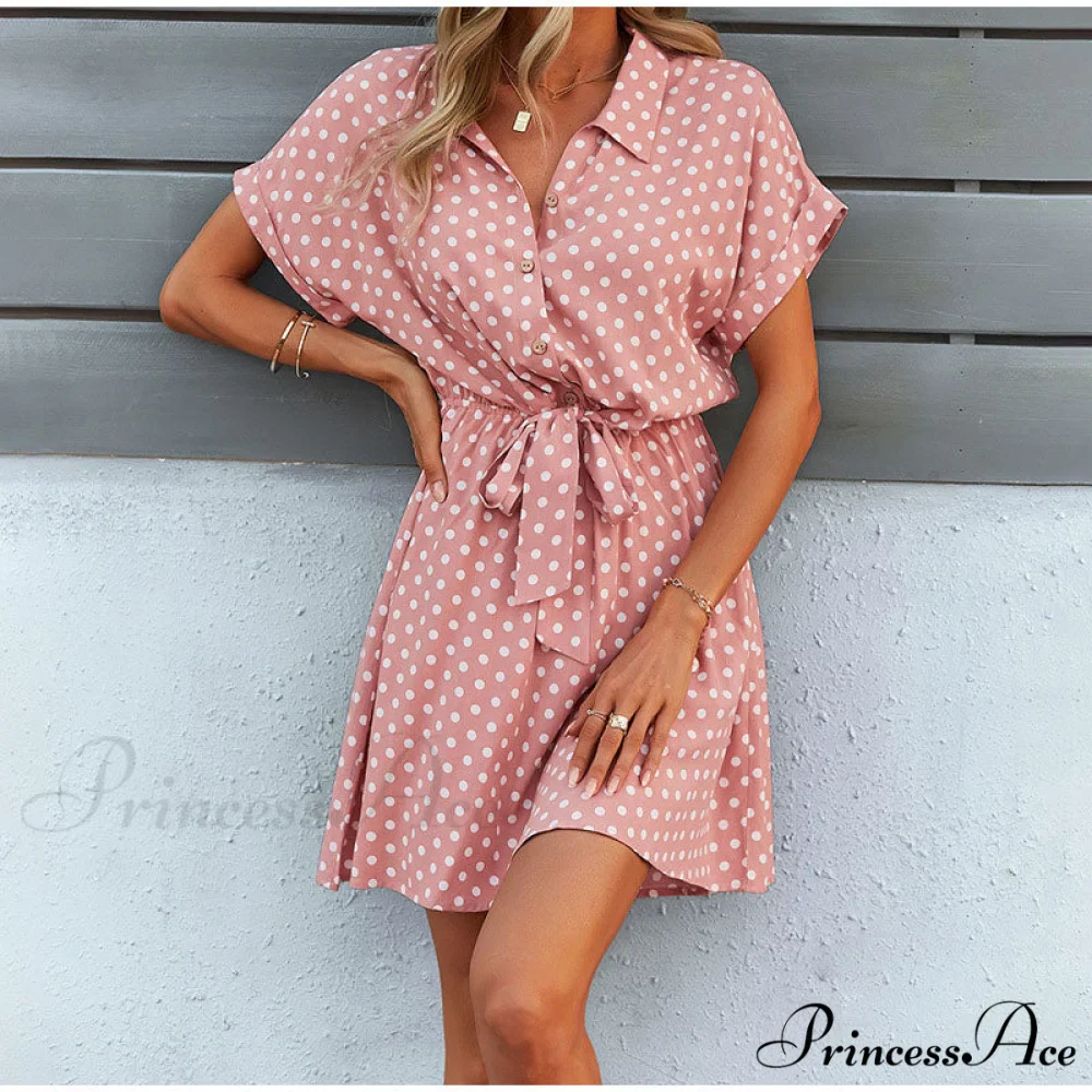 High Waist A-Line Belt Dot Printed Turn Down Collar Mini Dress for Women - Image 5
