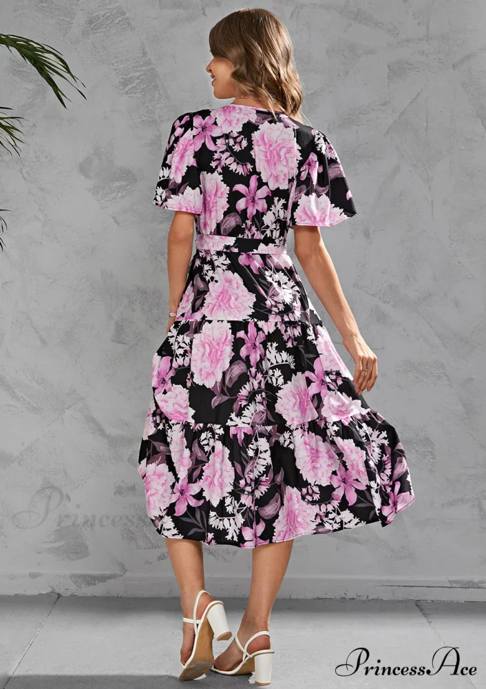 Women's Summer Floral V-Neck Short Sleeve Dress with Belt - Chiffon Mid-Length Boho Beach Sundress - Image 10