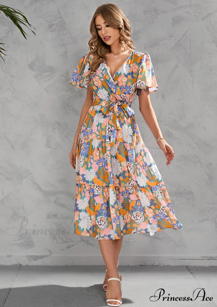 Women's Summer Floral V-Neck Short Sleeve Dress with Belt - Chiffon Mid-Length Boho Beach Sundress - Image 11