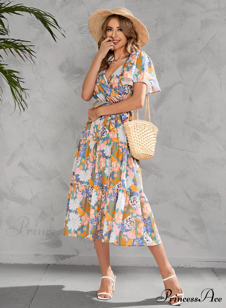 Women's Summer Floral V-Neck Short Sleeve Dress with Belt - Chiffon Mid-Length Boho Beach Sundress - Image 12