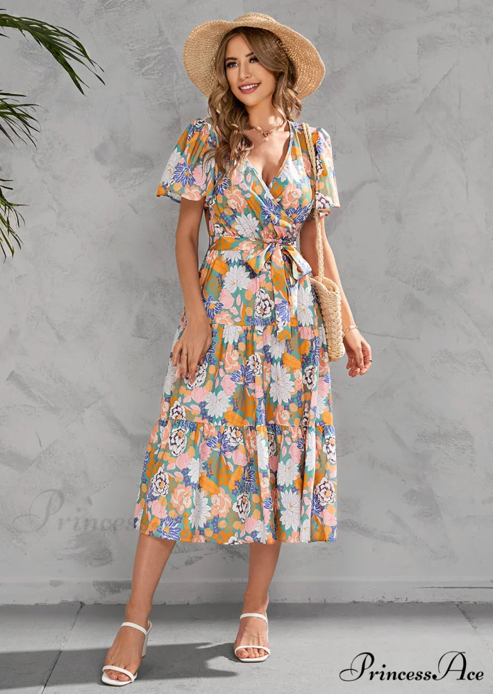 Women's Summer Floral V-Neck Short Sleeve Dress with Belt - Chiffon Mid-Length Boho Beach Sundress - Image 13