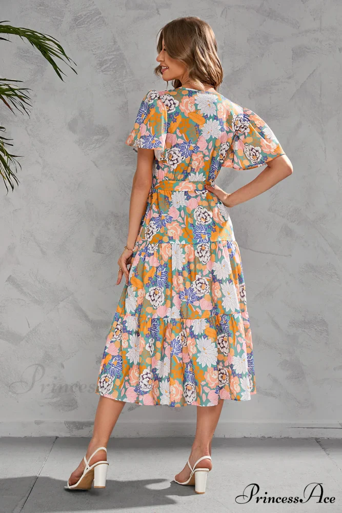 Women's Summer Floral V-Neck Short Sleeve Dress with Belt - Chiffon Mid-Length Boho Beach Sundress - Image 14