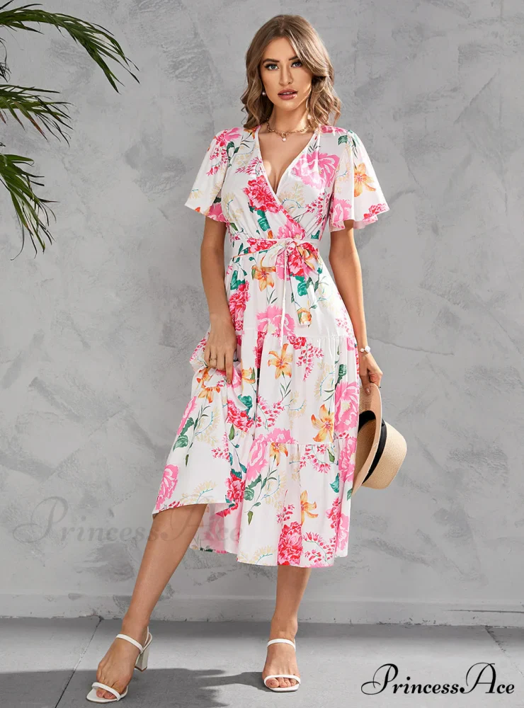 Women's Summer Floral V-Neck Short Sleeve Dress with Belt - Chiffon Mid-Length Boho Beach Sundress - Image 2