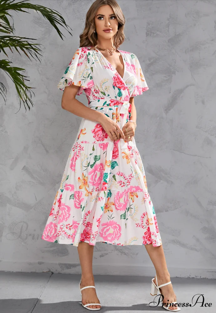 Women's Summer Floral V-Neck Short Sleeve Dress with Belt - Chiffon Mid-Length Boho Beach Sundress - Image 3