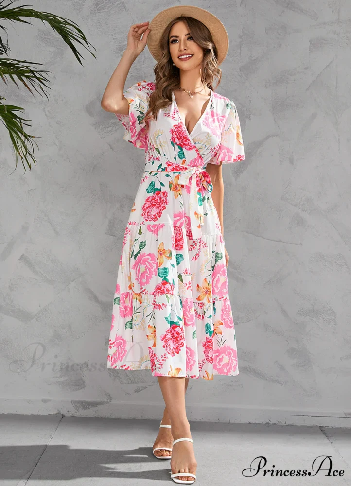 Women's Summer Floral V-Neck Short Sleeve Dress with Belt - Chiffon Mid-Length Boho Beach Sundress - Image 4