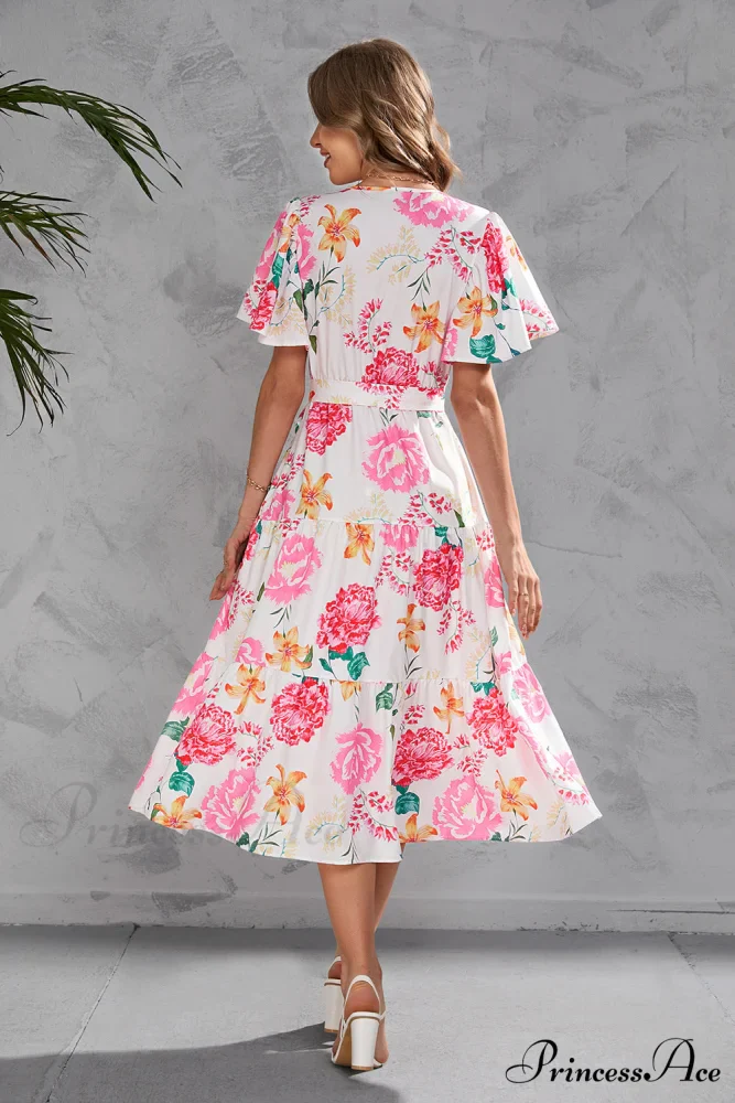 Women's Summer Floral V-Neck Short Sleeve Dress with Belt - Chiffon Mid-Length Boho Beach Sundress - Image 5